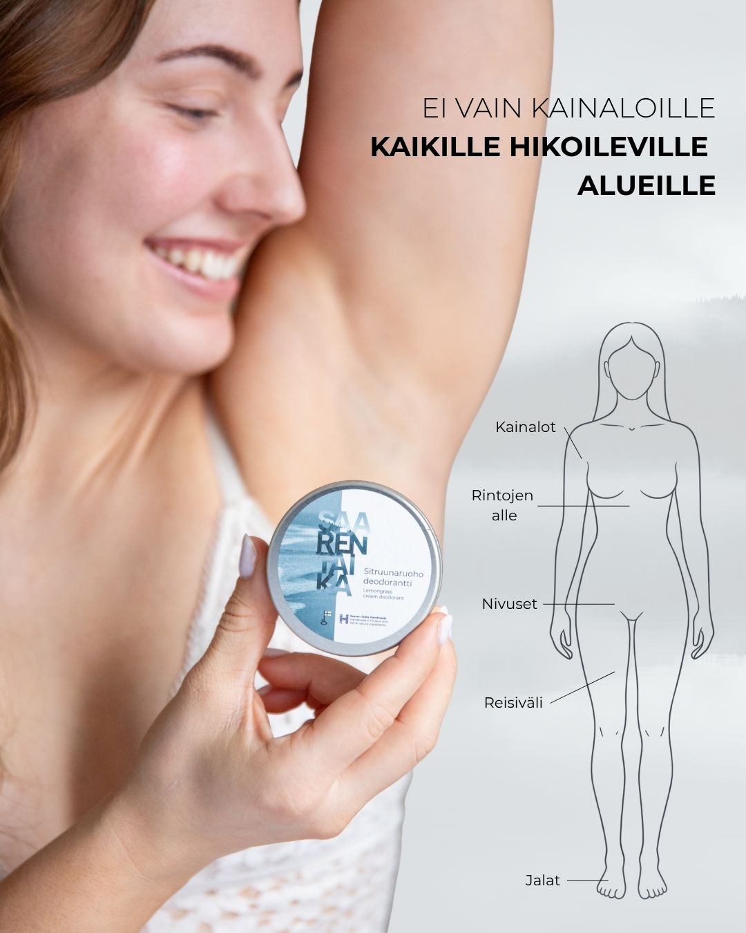 Saaren Taika voidedeodorantti käy koko keholle, kainalot, rintojen alle, tissihiki, nivuset, reisiväli, jalat ja jalkapohjat