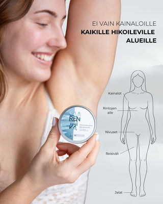 Saaren Taika voidedeodorantti käy koko keholle, kainalot, rintojen alle, tissihiki, nivuset, reisiväli, jalat ja jalkapohjat