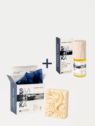 Saaren Taika Argan Ruusunmarja kasvoöljy sekä Tyrnisaippua kasvojenhoitosetti ruusufinni-iholle