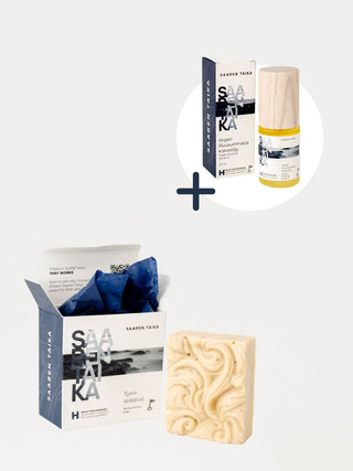 Saaren Taika Argan Ruusunmarja kasvoöljy sekä Tyrnisaippua kasvojenhoitosetti ruusufinni-iholle