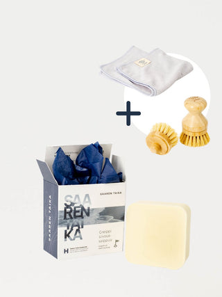 Siivoussetti kodin koville pinnoille ja tekstiilitahroille, sisältää Greippi siivoussaippuan, mikrokuituliinan, muovittoman pesuharjan