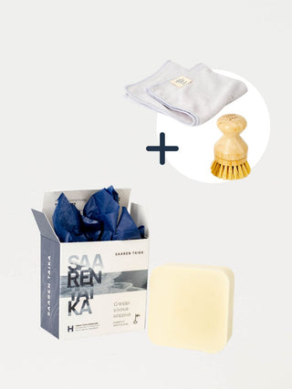 Siivoussetti kodin koville pinnoille ja tekstiilitahroille, sisältää Greippi siivoussaippuan, mikrokuituliinan, muovittoman pesuharjan, suihkepullon