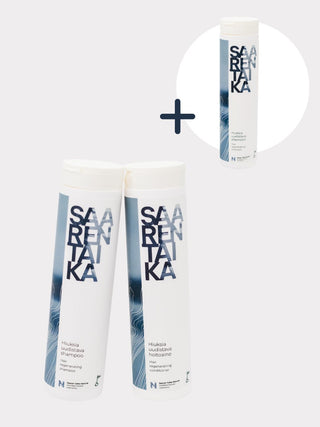 Hiuksia uudistava hiustenhoitosetti - osta shampoo + hoitoaine, saat toisen shampoon kaupan päälle
