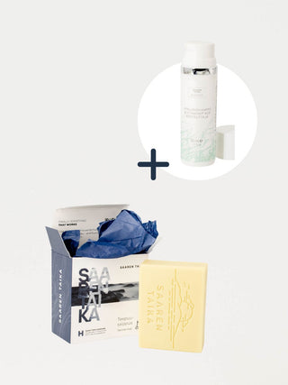 Saaren Taika ihonhoitosetti yhdistää teepuusaippuan sekä hyaluronihappoa ja vitamiineja sisältävän kosteuttajan