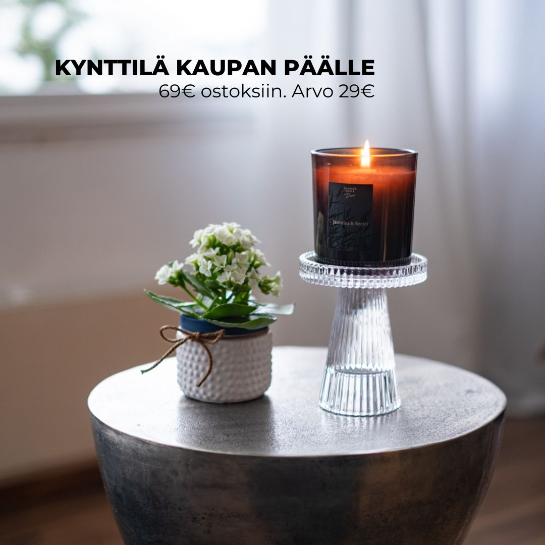 Tuoksukynttilä Jasmiini & Seetri, paloaika n. 45h, vegaaninen, palaa myrkyttömästi - Saaren Taika Decor