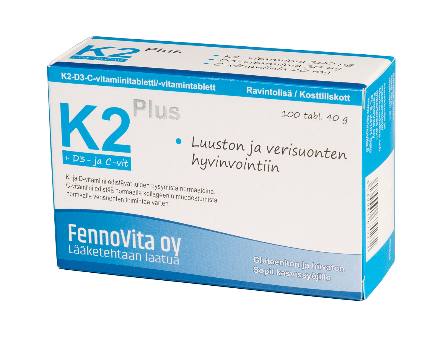 K2 Plus + D3- ja C-vit. 100 tabl. 40 g - Fennovita