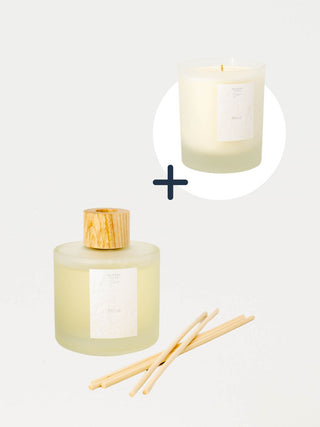 Saaren Taika tuoksusetti sisältää alkoholittoman kodin tuoksun sekä soijavahakynttilän, jotka tuovat metsän tuoksun kotiisi