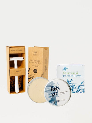 Saaren Taika parranajo lahjapakkaus sisältää sheivaussaippuan, höylän sekä tervavoiteen