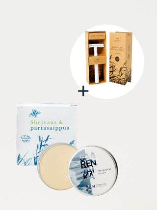 Saaren Taika parranajo lahjapakkaus sisältää sheivaussaippuan, höylän sekä tervavoiteen