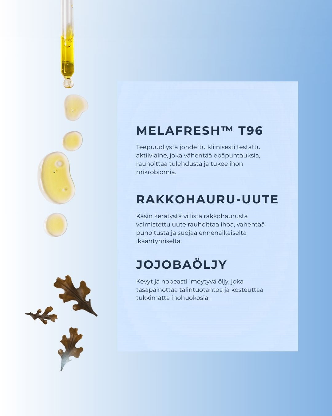 Rakkohauru ojoba kasvoöljy sisältää mm. rakkohauru-uutetta ja jojobaöljyä