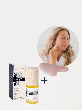 Rentouttava kasvojenhoitosetti sisältää gua sha -kasvojenhierontakiven sekä ylellisen Argan Ruusunmarja -kasvoöljyn