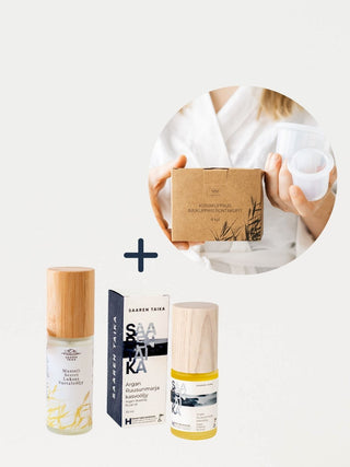 Kuivakuppaus imukuppihieronta setti sisältää imukuppihierontakupit sekä Manteli Seetri Luksus vartaloöljyn ja Argan Ruusunmarja Luksus kasvoöljyn