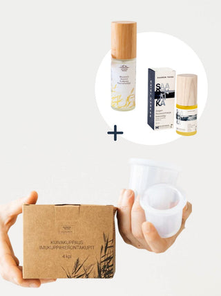 Kuivakuppaus imukuppihieronta setti sisältää imukuppihierontakupit sekä Manteli Seetri Luksus vartaloöljyn ja Argan Ruusunmarja Luksus kasvoöljyn