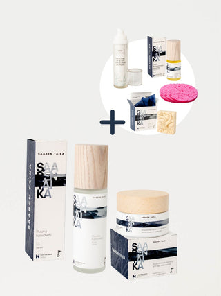 Hellävarainen Saaren Taika tuotesetti sopii ruusufinnin, couperosan ja punoitusoireisen ihon päivittäiseen hoitoon