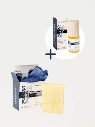 Saaren Taika Teepuusaippua ja Argan Ruusunmarja Luksus kasvoöljy on täydellinen yhdistelmä kuivalle ja herkälle iholle