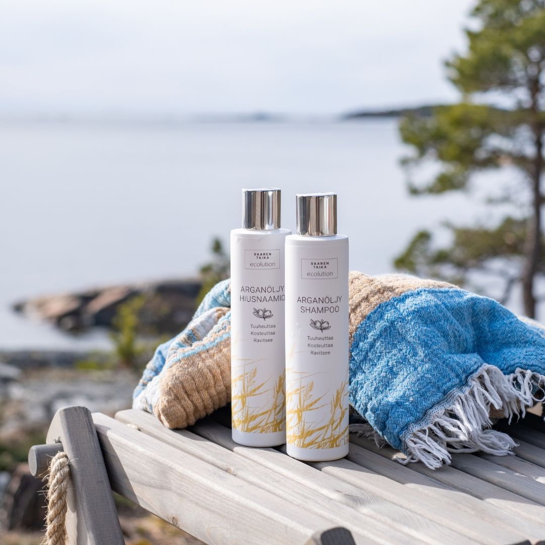 Arganöljy shampoo, silottaa ja korjaa hiuksia, sis. riisiuutetta, 100% luonnollinen, sulfaatiton, vegaaninen, 200ml - Saaren Taika Ecolution