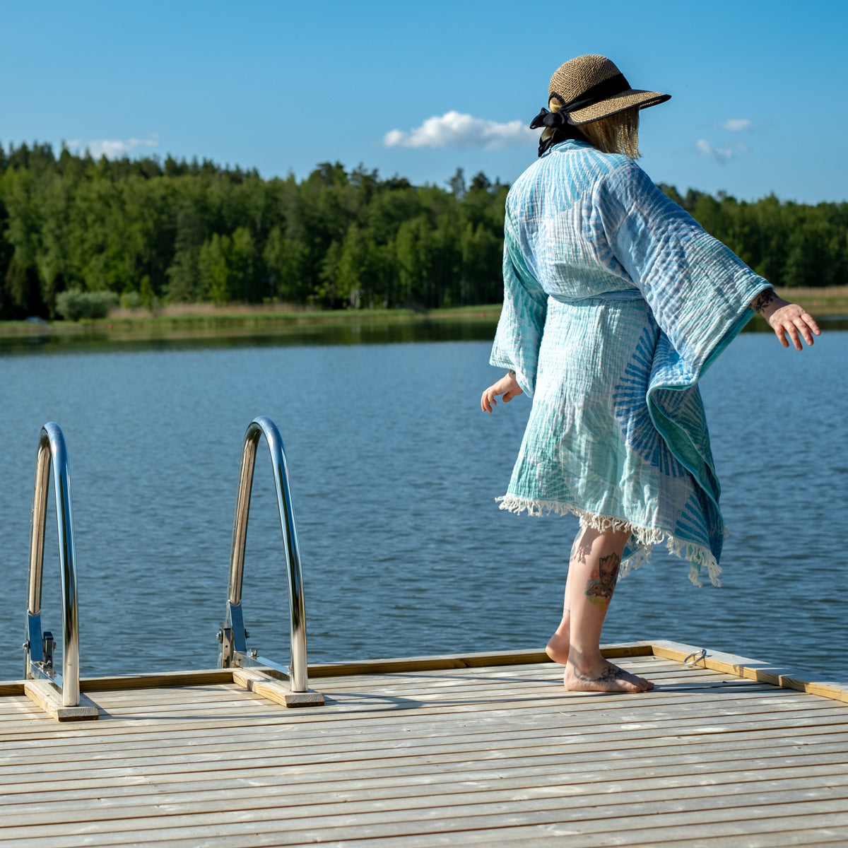 Hamam kylpytakki/poncho Merivuokko Hapsuilla 100% puuvilla - Saaren Taika Decor