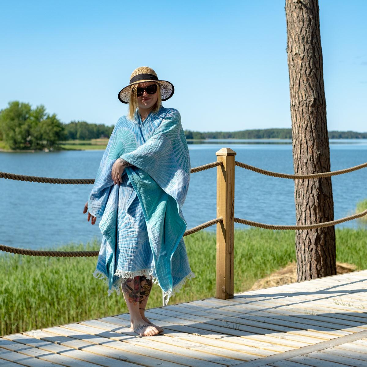 Hamam kylpytakki/poncho Merivuokko Hapsuilla 100% puuvilla - Saaren Taika Decor