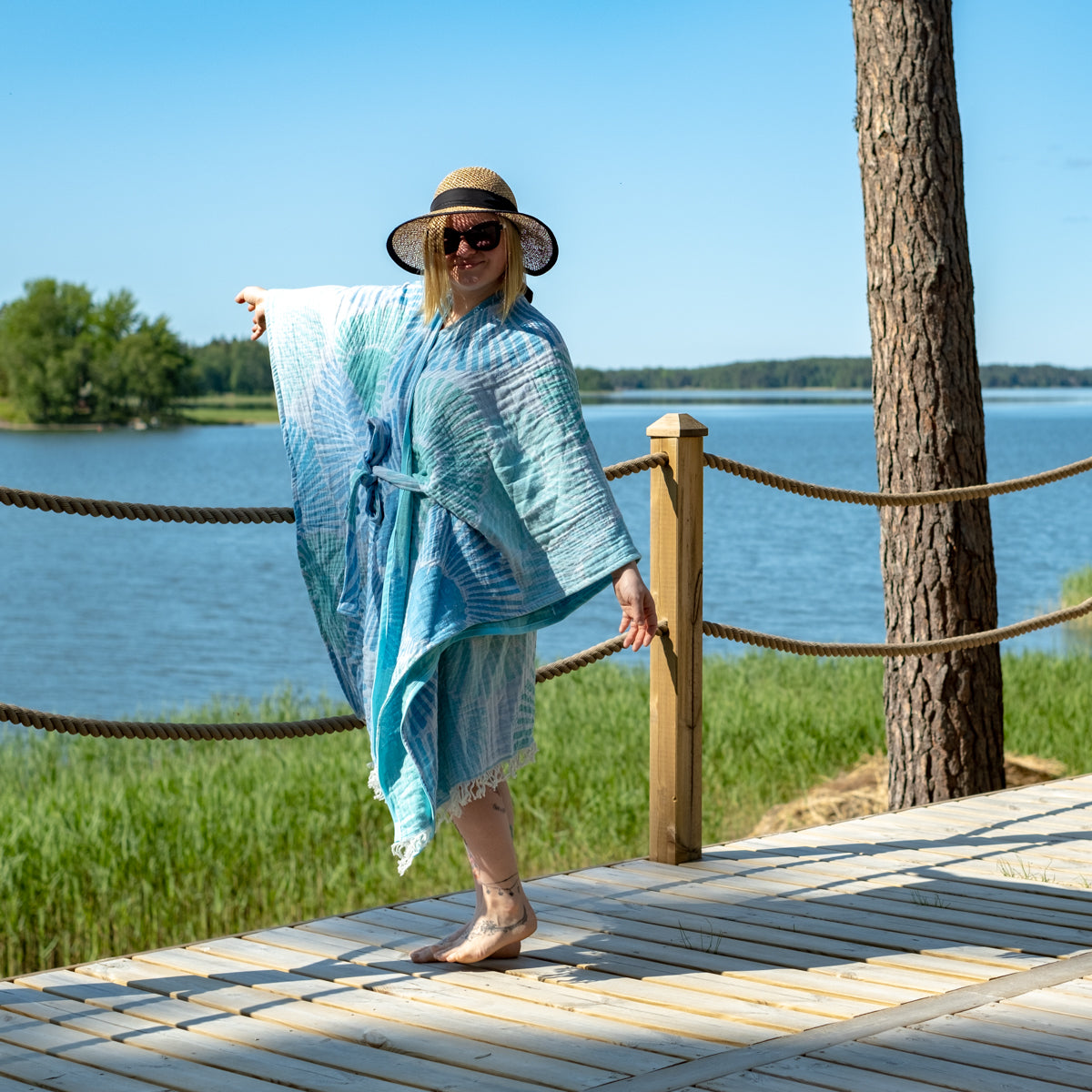 Hamam kylpytakki/poncho Merivuokko Hapsuilla 100% puuvilla - Saaren Taika Decor