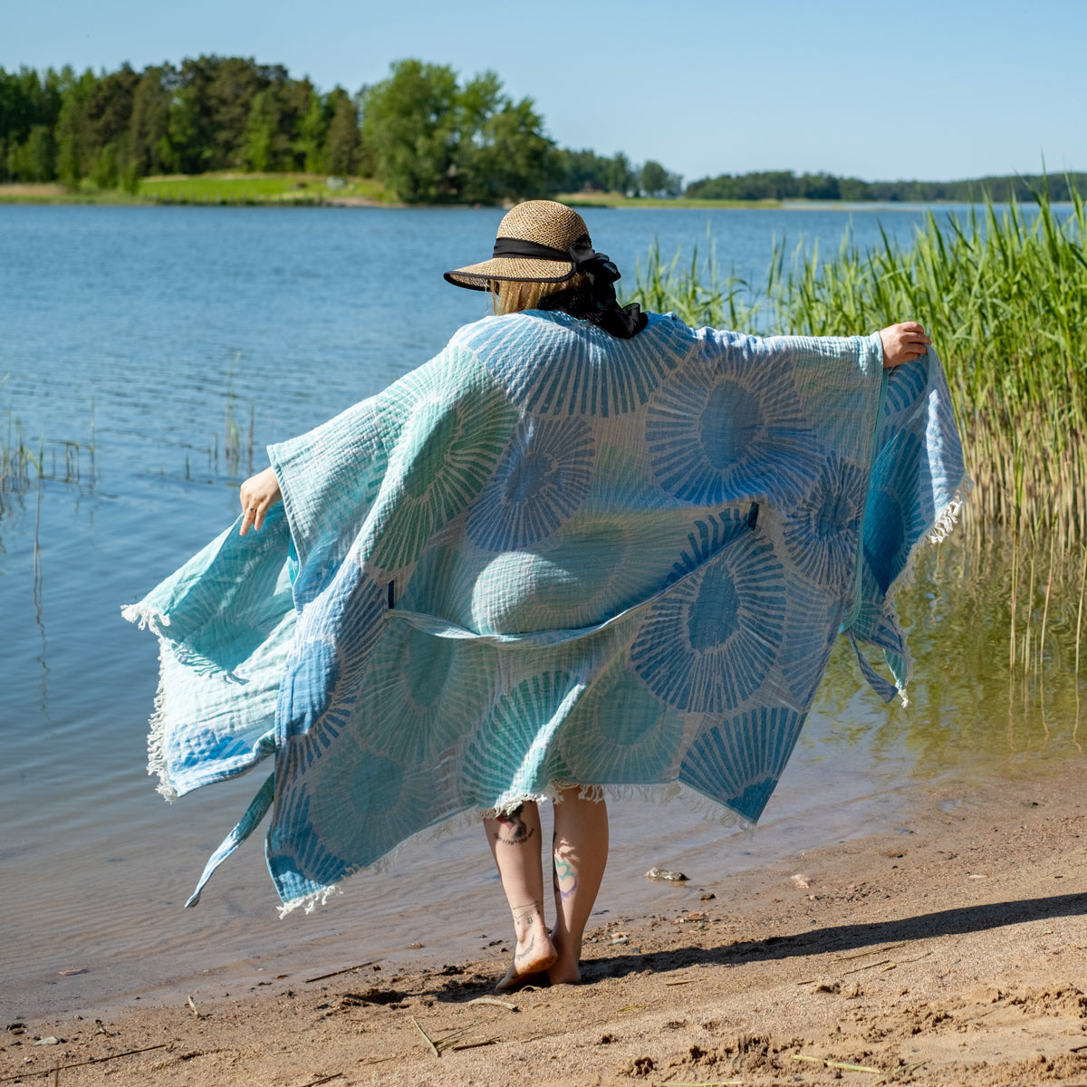Hamam Kylpytakki poncho Merivuokko Sininen Hapsuilla 100 Puuvilla S hamam-kylpytakki-poncho-merivuokko-sininen-hapsuilla-100-puuvilla-s