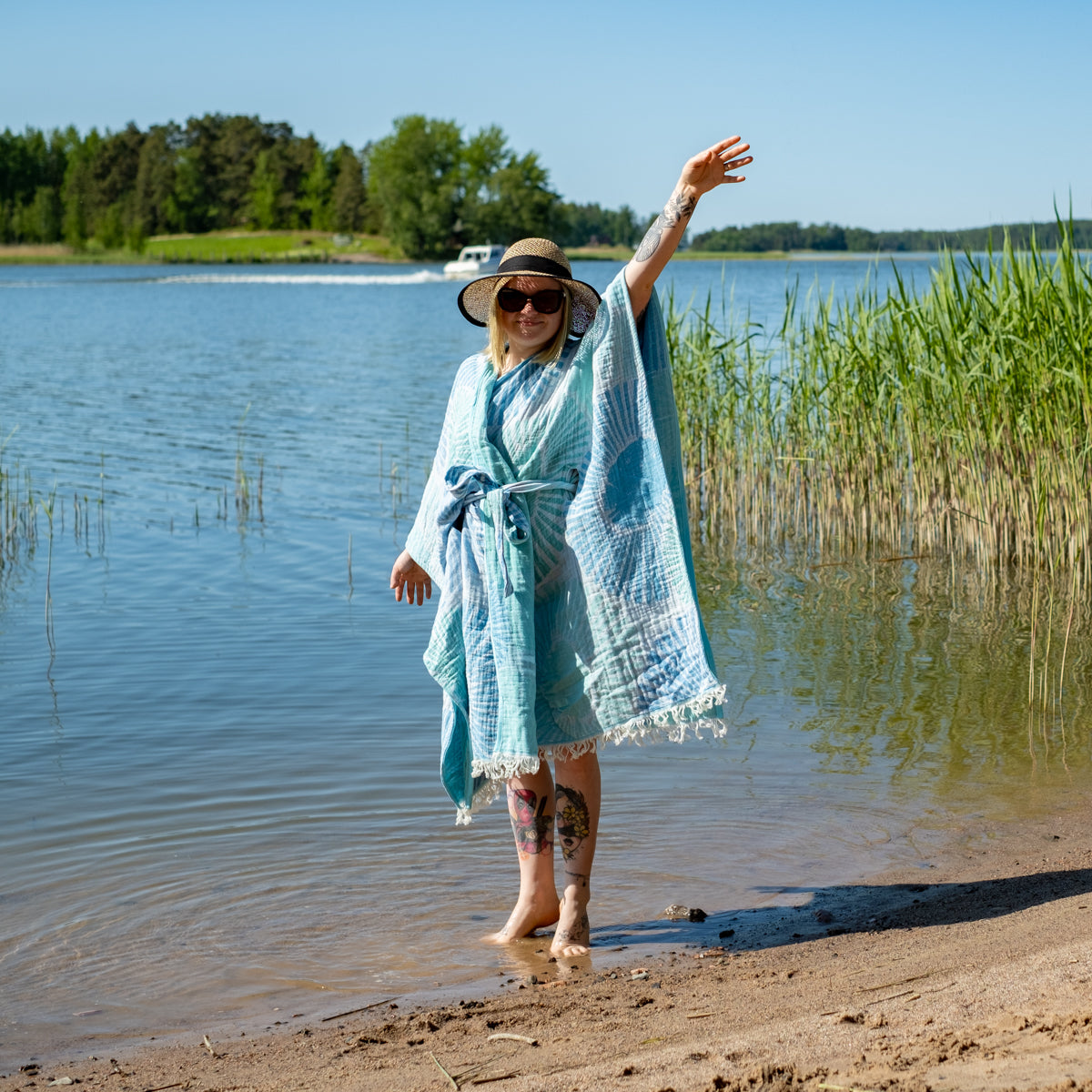 Hamam kylpytakki/poncho Merivuokko Hapsuilla 100% puuvilla - Saaren Taika Decor