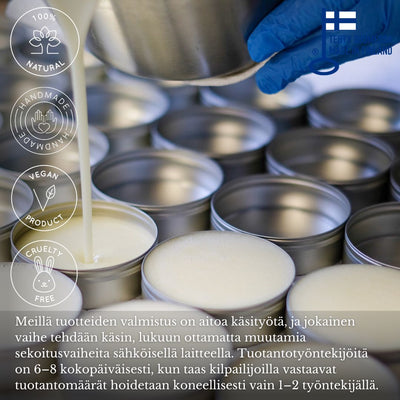 Saaren Taika voidedeodorantit valmistuvat käsityönä Suomessa ja ovat 100% luonnonkosmetiikkaa