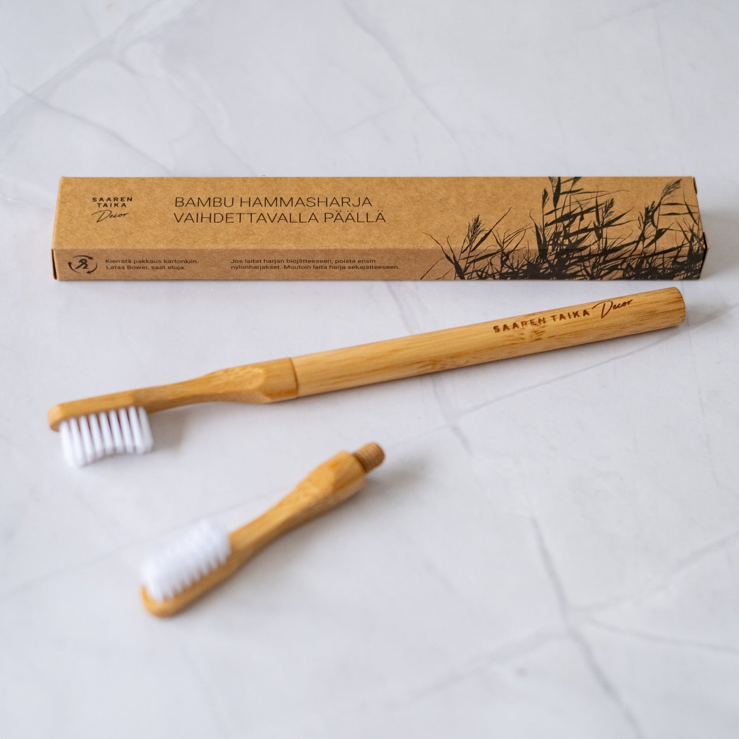 Bamboo toothbrush with replacement head, white bristles - Saaren Taika Decor