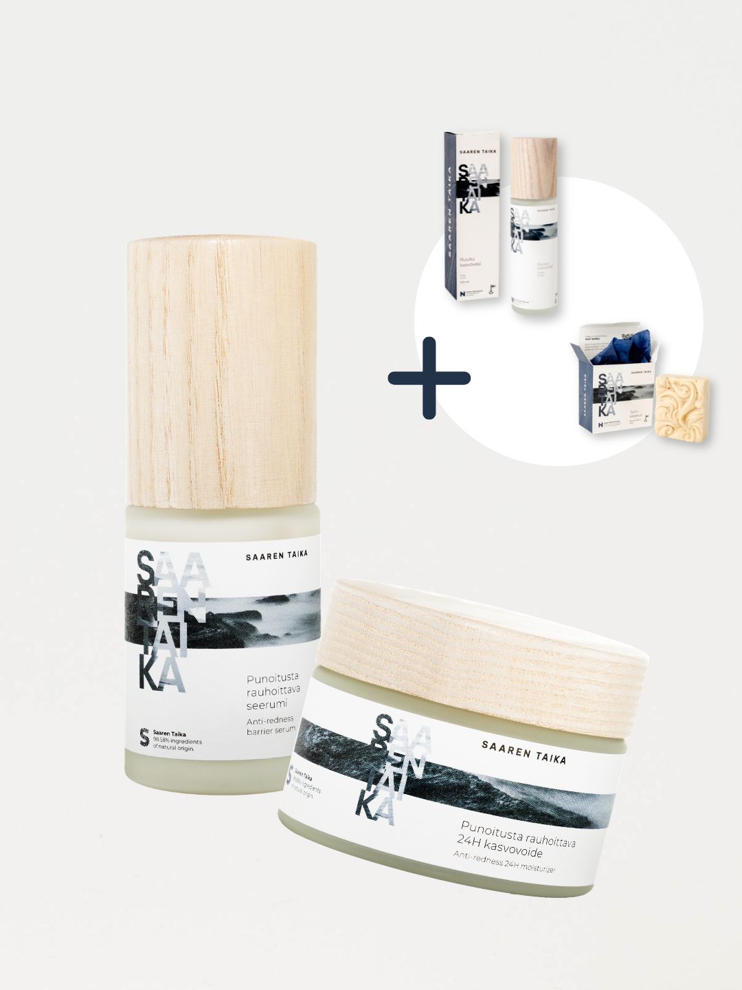 🎁 55€ lahja sinulle: Punoittavan ihon ihonhoitorutiini, seerumi, kasvovoide, kasvovesi ja saippua