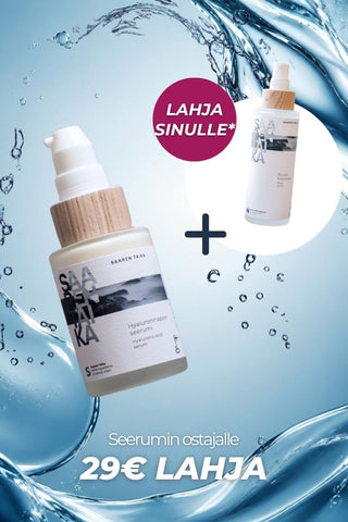 🎁 29€ lahja sinulle, lanseerausetu: Hyaluronihapposeerumi + Ruusu kasvovesi (28,95€) kaupan päälle
