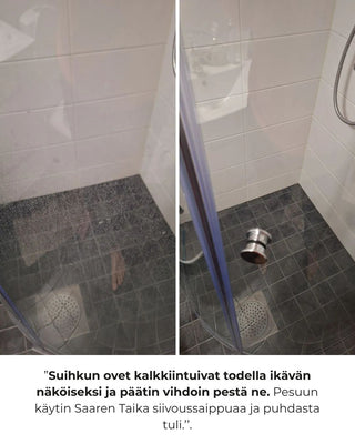 Suihkun lasiovet ja laattalattia ennen ja jälkeen kalkkitahrojen puhdistuksen Saaren Taika siivoussaippualla.
