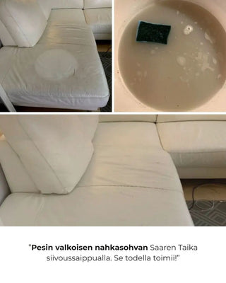 Valkoinen nahkasohva ennen ja jälkeen puhdistuksen Saaren Taika siivoussaippualla – näkyvä likajälki poistettu ja pinta kirkastunut.