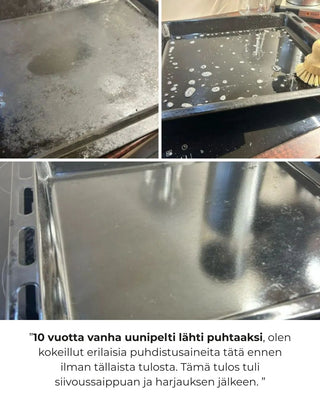 Uunipelti ennen ja jälkeen puhdistuksen – pinttynyt rasva ja lika poistettu siivoussaippualla ja harjalla.