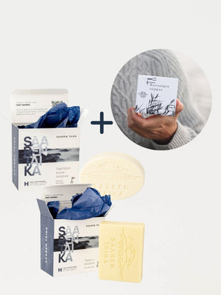 Saaren Taika saippuasetti sisältää kasvojen ihoa kosteuttavan Teepuusaippuan, kosteuttavan ja kutinaa hillitsevän Saariston Suolasaippuan sekä likaisimmatkin kädet puhdistavan Rasvanäpin saippuan.