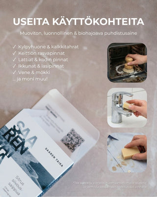 Saaren Taika sitrus siivoussaippua monikäyttöiseen puhdistukseen – soveltuu kylpyhuoneen kalkkitahroille, keittiön rasvapintojen, lattioiden, lasipintojen sekä veneen ja mökin puhdistukseen.
