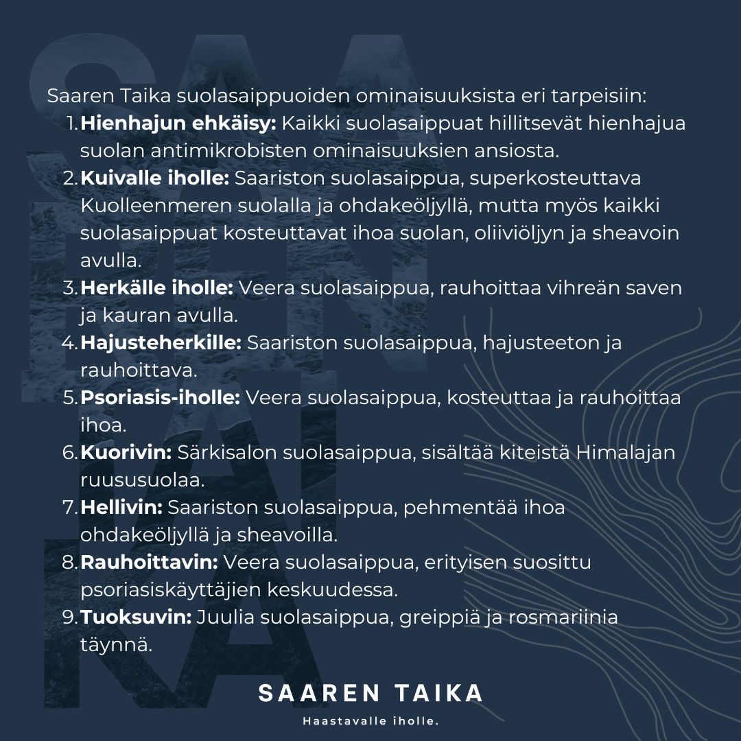 Juulia Suolasaippua, kaikille ihotyypeille, mm. atooppiselle ja kutisevalle iholle, pehmentää ihoa, vegaaninen, 100% luonnollinen - Saaren Taika Original 🇫🇮