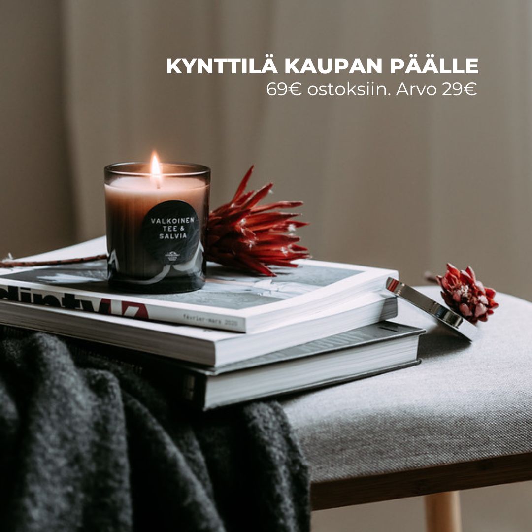 Tuoksukynttilä Valkoinen Tee & Salvia, paloaika n. 45h, vegaaninen, palaa myrkyttömästi - Saaren Taika Decor