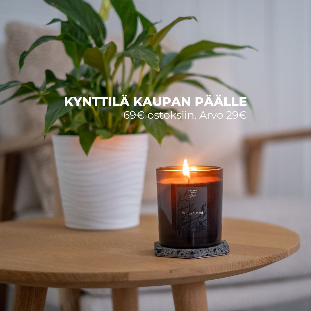 Tuoksukynttilä Vanilja & Pioni, paloaika n. 45h, vegaaninen, palaa myrkyttömästi - Saaren Taika Decor