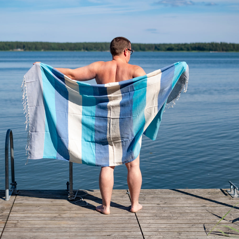 Hamam-pyyhe ripustuslenkillä! Seikkailu Turkoosi-Sininen! - Koko 100x180cm, 100% puuvillaa, paino 280g