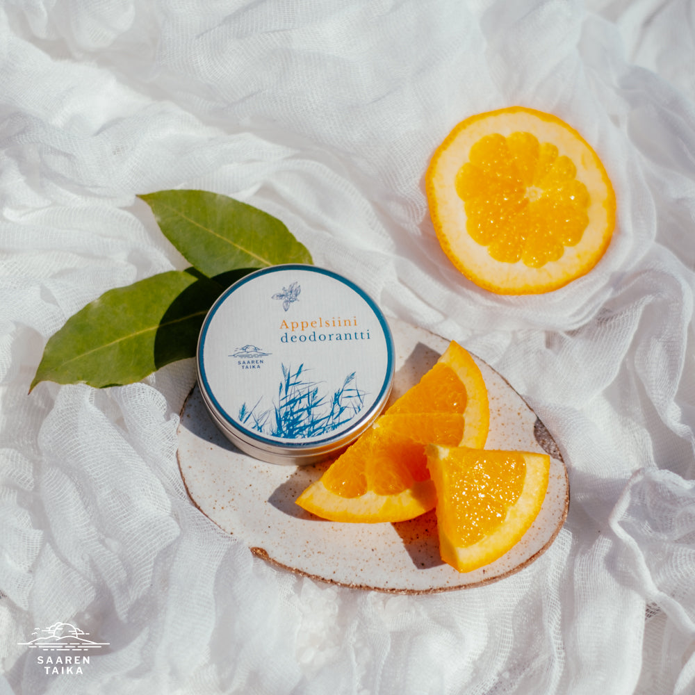 Saaren Taika Appelsiini (Andalusia) deodorantti on vegaaninen, alumiiniton ja soodaton. N. 50ml